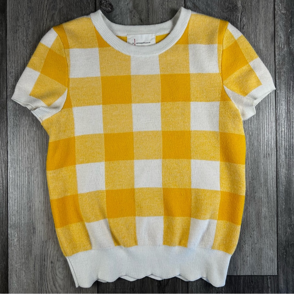 ANTHROPOLOGIE Yellow Classic Check Short Sleeve Sweater Viscose Blend Size XS